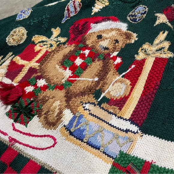 80s/90s Vintage "Drum Bear" Ugly Christmas Knit Sweater 62699 - Men's Medium - Picture 3 of 5